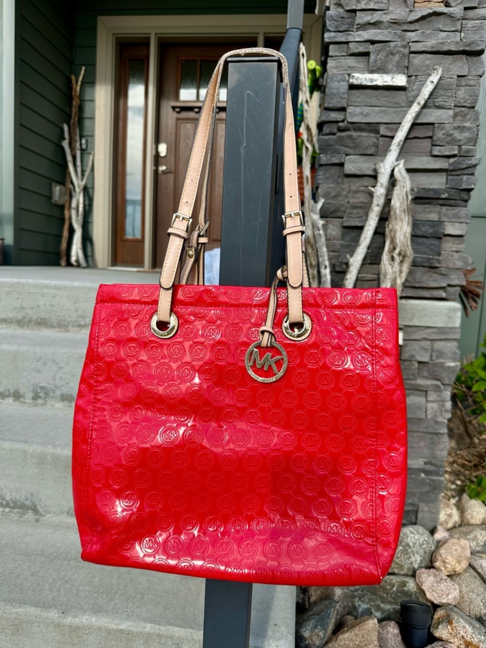 Michael Kors Red Patent Tote with Beige Straps and Gold-Tone Charm